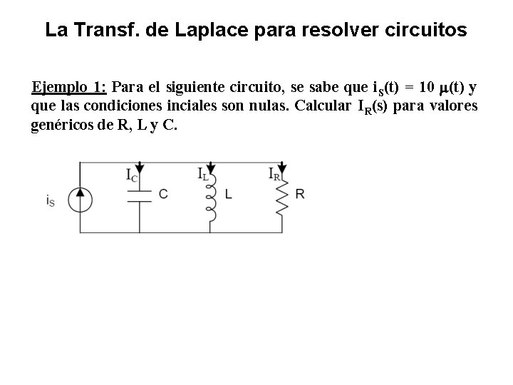 La Transf. de Laplace para resolver circuitos Ejemplo 1: Para el siguiente circuito, se