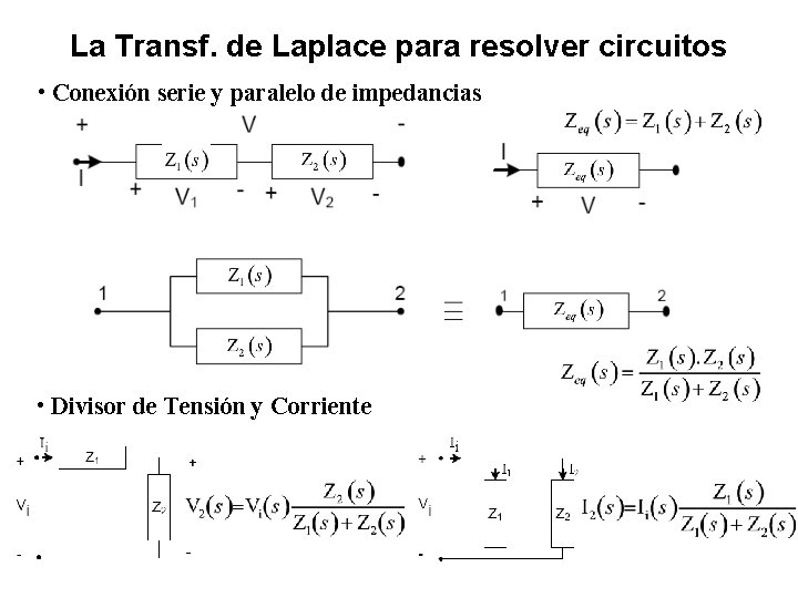 La Transf. de Laplace para resolver circuitos • Conexión serie y paralelo de impedancias