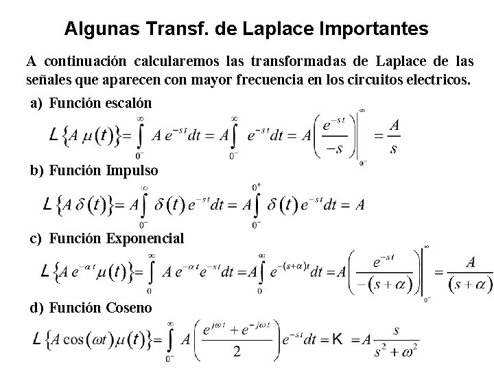 Algunas Transf. de Laplace Importantes A continuación calcularemos las transformadas de Laplace de las