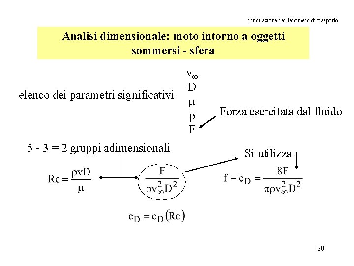 Simulazione dei fenomeni di trasporto Analisi dimensionale: moto intorno a oggetti sommersi - sfera