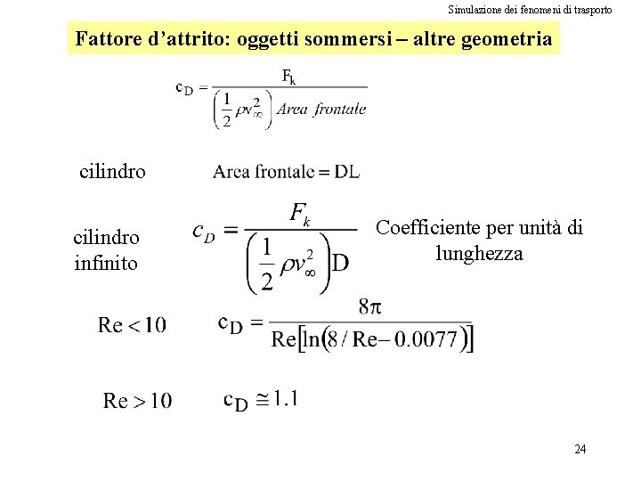 Simulazione dei fenomeni di trasporto Fattore d’attrito: oggetti sommersi – altre geometria cilindro infinito