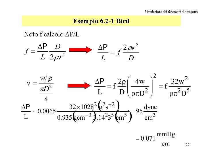 Simulazione dei fenomeni di trasporto Esempio 6. 2 -1 Bird Noto f calcolo DP/L