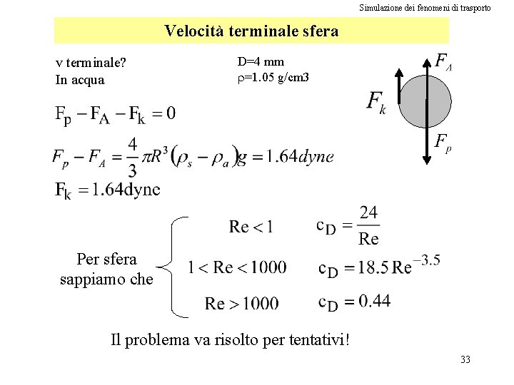 Simulazione dei fenomeni di trasporto Velocità terminale sfera v terminale? In acqua D=4 mm