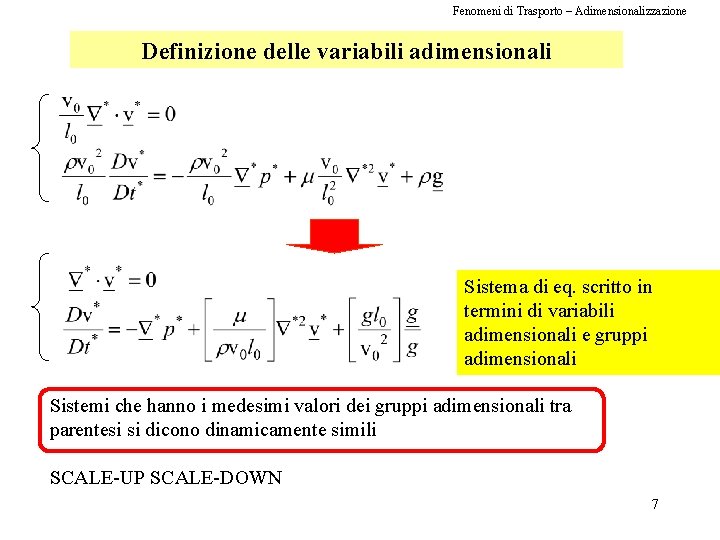 Fenomeni di Trasporto – Adimensionalizzazione Definizione delle variabili adimensionali Sistema di eq. scritto in