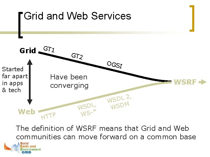 Grid and Web Services Grid GT 1 Started far apart in apps & tech