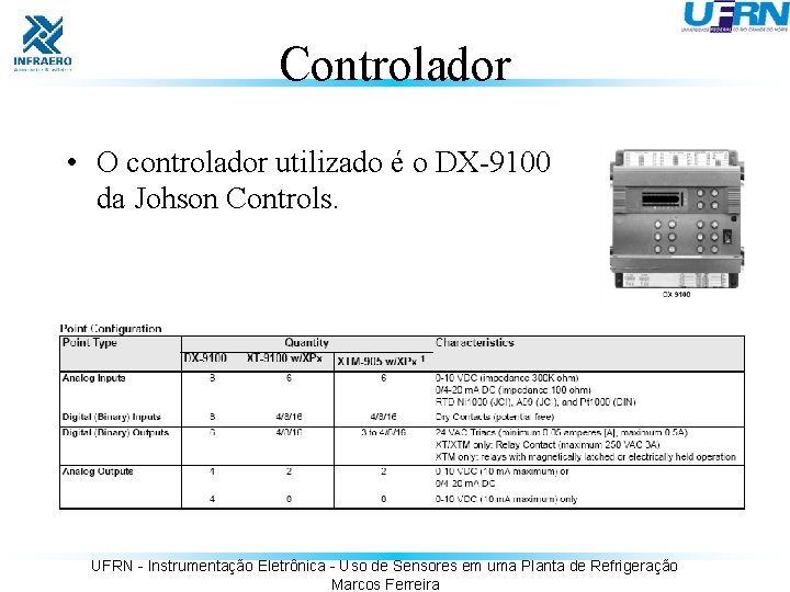 Controlador • O controlador utilizado é o DX-9100 da Johson Controls. UFRN - Instrumentação