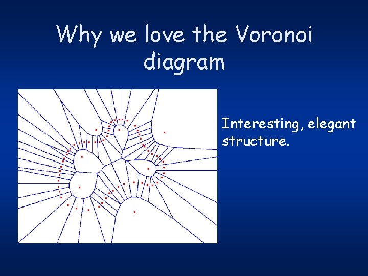 Why we love the Voronoi diagram Interesting, elegant structure. 