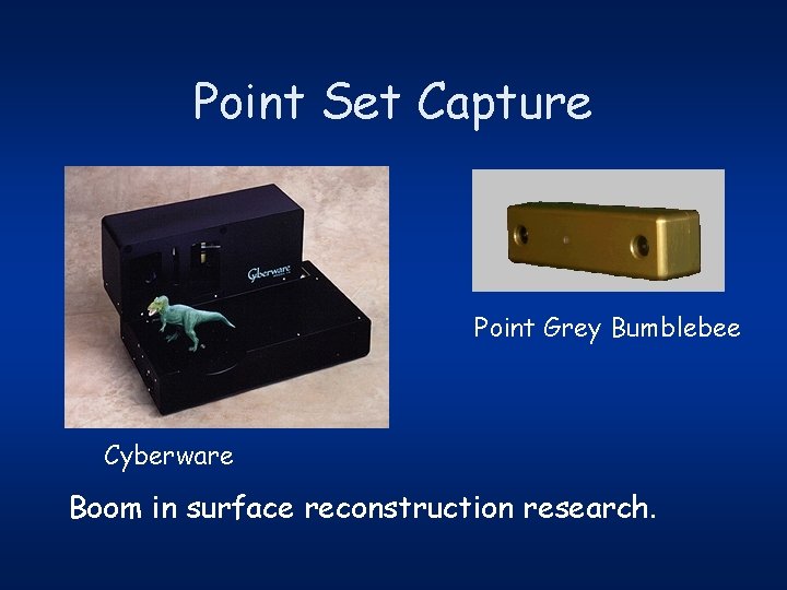 Point Set Capture Point Grey Bumblebee Cyberware Boom in surface reconstruction research. 