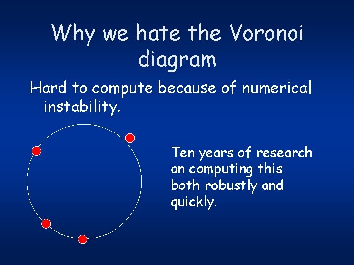 Why we hate the Voronoi diagram Hard to compute because of numerical instability. Ten