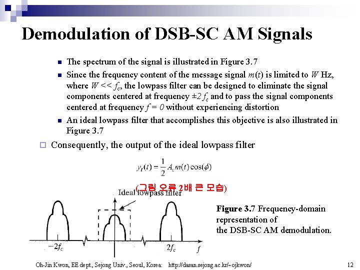 Demodulation of DSB-SC AM Signals n n n ¨ The spectrum of the signal