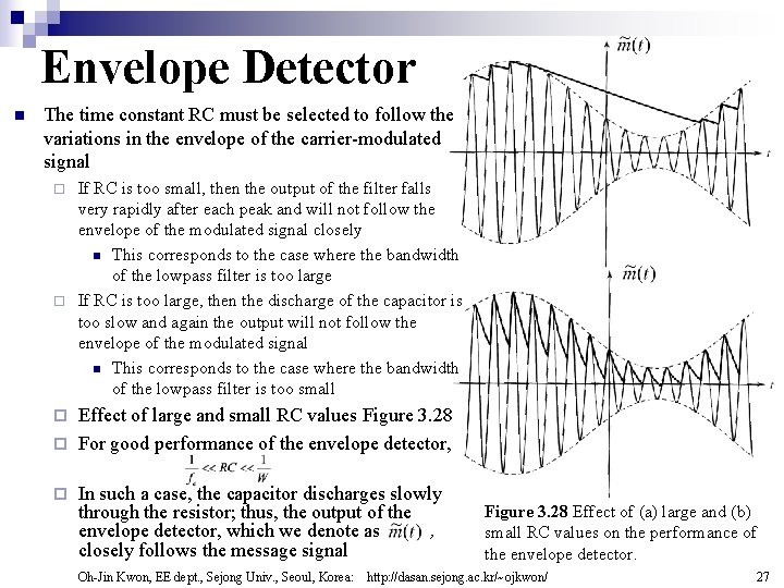 Envelope Detector n The time constant RC must be selected to follow the variations