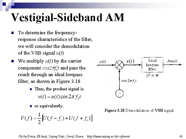 Vestigial-Sideband AM n To determine the frequencyresponse characteristics of the filter, we will consider