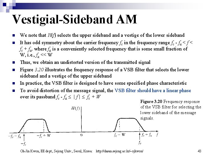 Vestigial-Sideband AM n n n We note that H(f) selects the upper sideband a