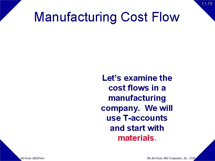 11 -15 Manufacturing Cost Flow Let’s examine the cost flows in a manufacturing company. 11 -15 Manufacturing Cost Flow Let’s examine the cost flows in a manufacturing company.