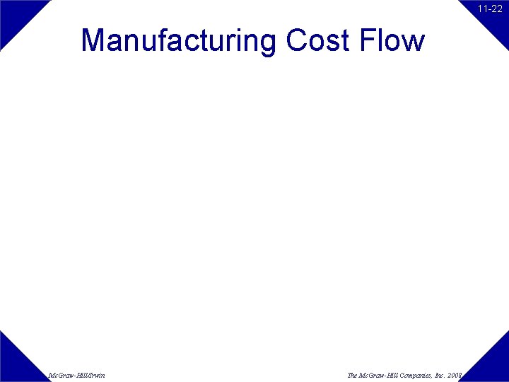 11 -22 Manufacturing Cost Flow Mc. Graw-Hill/Irwin The Mc. Graw-Hill Companies, Inc. 2008 11 -22 Manufacturing Cost Flow Mc. Graw-Hill/Irwin The Mc. Graw-Hill Companies, Inc. 2008