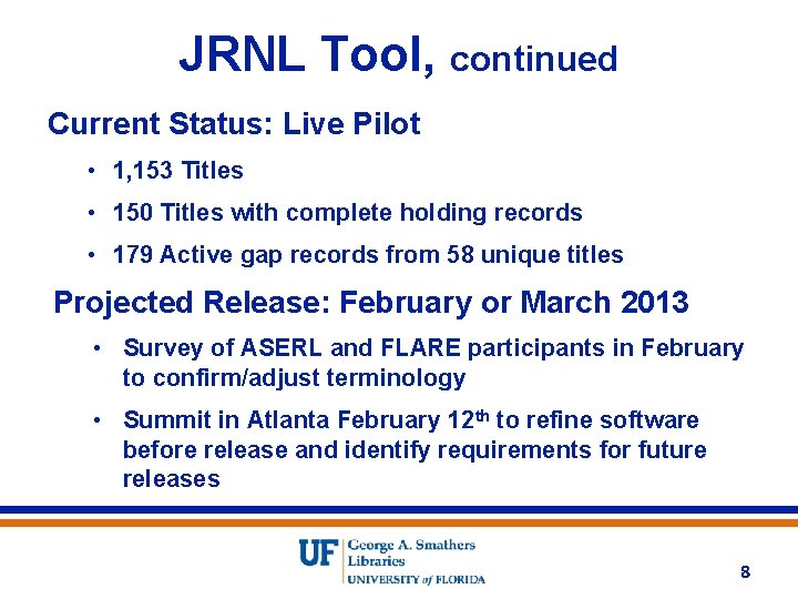 JRNL Tool, continued Current Status: Live Pilot • 1, 153 Titles • 150 Titles