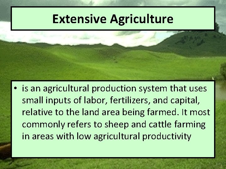 Extensive Agriculture • is an agricultural production system that uses small inputs of labor,