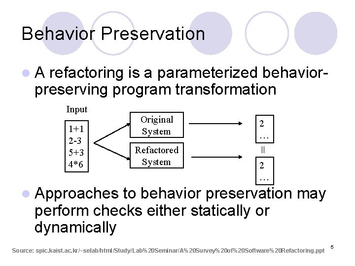Behavior Preservation refactoring is a parameterized behaviorpreserving program transformation Input 1+1 2 -3 5+3