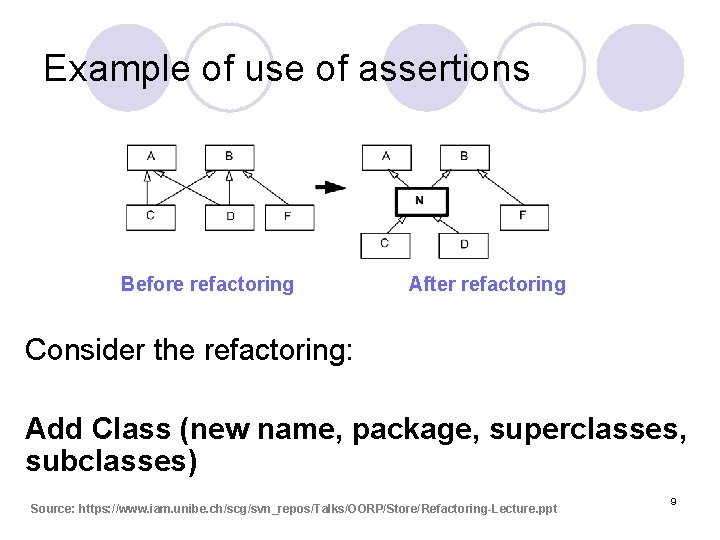 Example of use of assertions Before refactoring After refactoring Consider the refactoring: Add Class