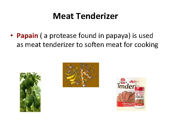Meat Tenderizer • Papain ( a protease found in papaya) is used as meat