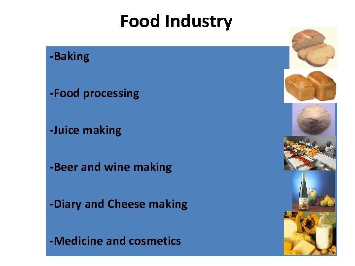 Food Industry -Baking -Food processing -Juice making -Beer and wine making -Diary and Cheese