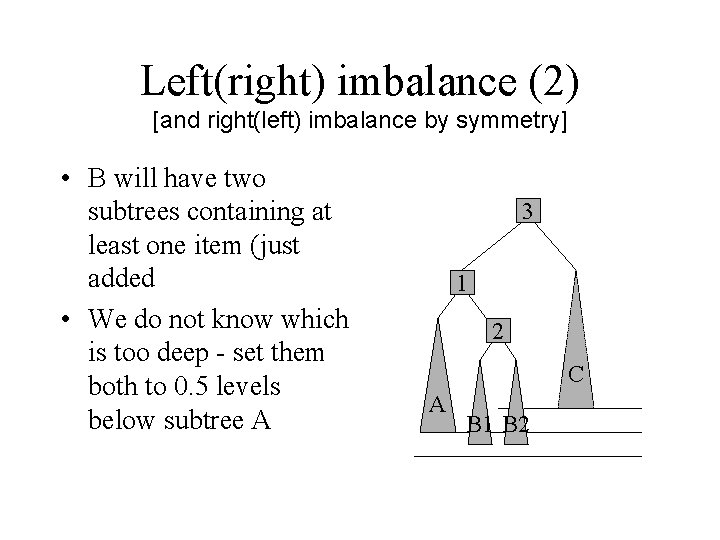 Left(right) imbalance (2) [and right(left) imbalance by symmetry] • B will have two subtrees