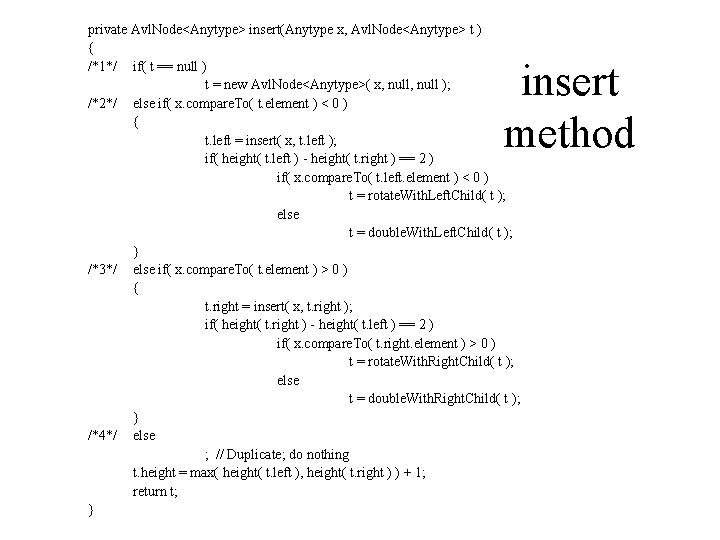 private Avl. Node<Anytype> insert(Anytype x, Avl. Node<Anytype> t ) { /*1*/ if( t ==