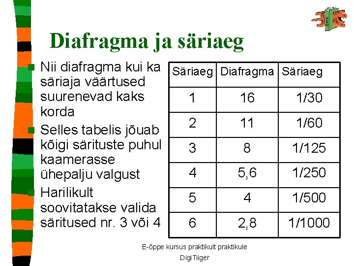 Diafragma ja säriaeg Nii diafragma kui ka Säriaeg Diafragma Säriaeg säriaja väärtused suurenevad kaks
