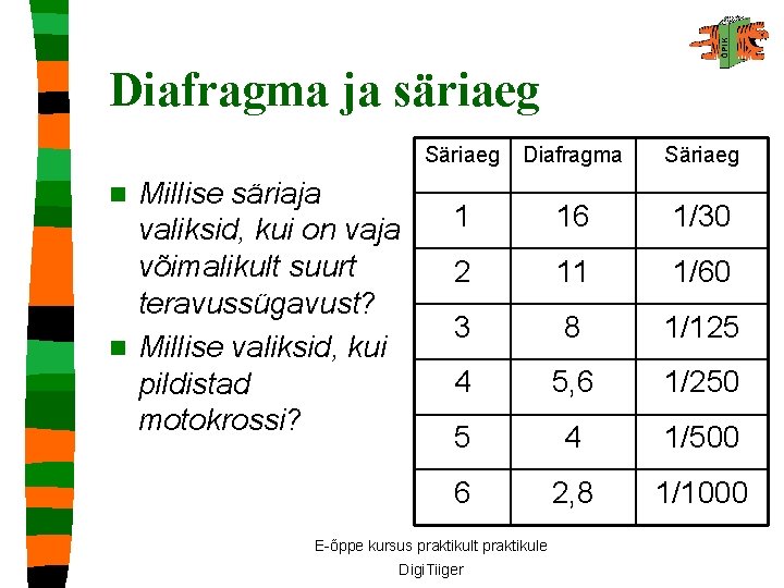 Diafragma ja säriaeg Millise säriaja valiksid, kui on vaja võimalikult suurt teravussügavust? n Millise