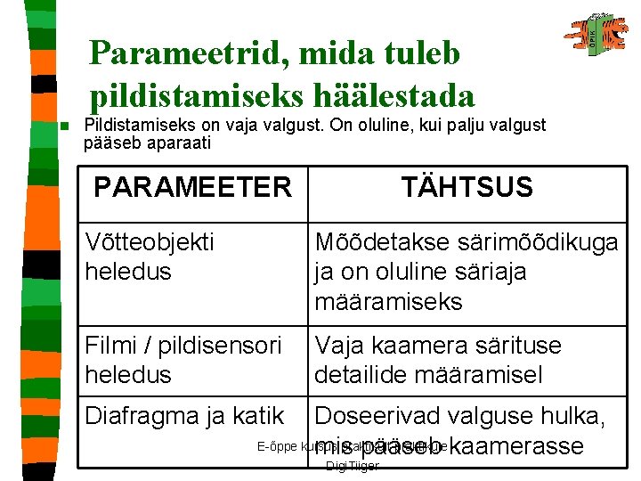 Parameetrid, mida tuleb pildistamiseks häälestada n Pildistamiseks on vaja valgust. On oluline, kui palju