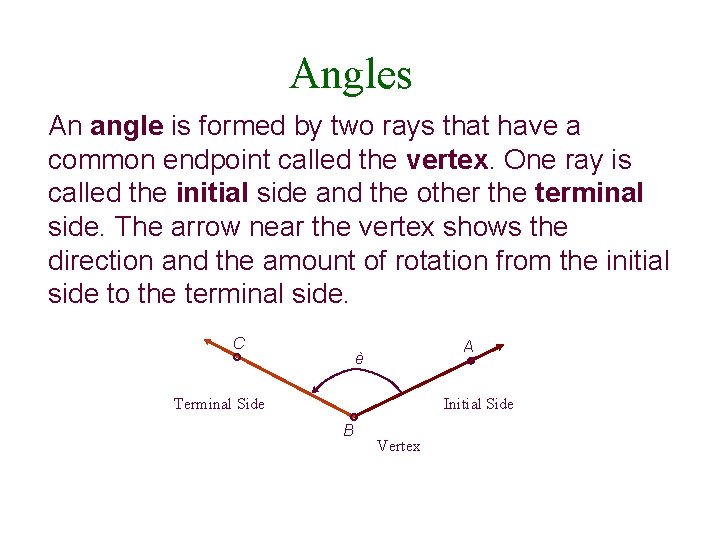 Angles An angle is formed by two rays that have a common endpoint called