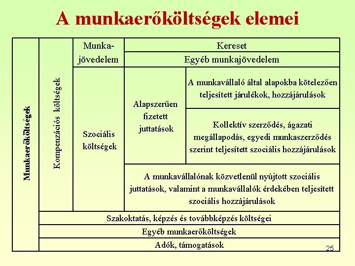 A munkaerőköltségek elemei Kompenzációs költségek Munkaerőköltségek Munkajövedelem Szociális költségek Kereset Egyéb munkajövedelem Alapszerűen fizetett