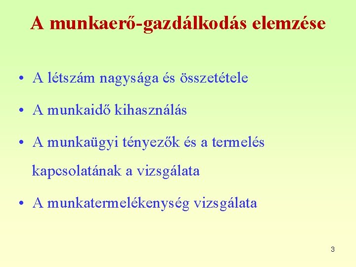 A munkaerő-gazdálkodás elemzése • A létszám nagysága és összetétele • A munkaidő kihasználás •