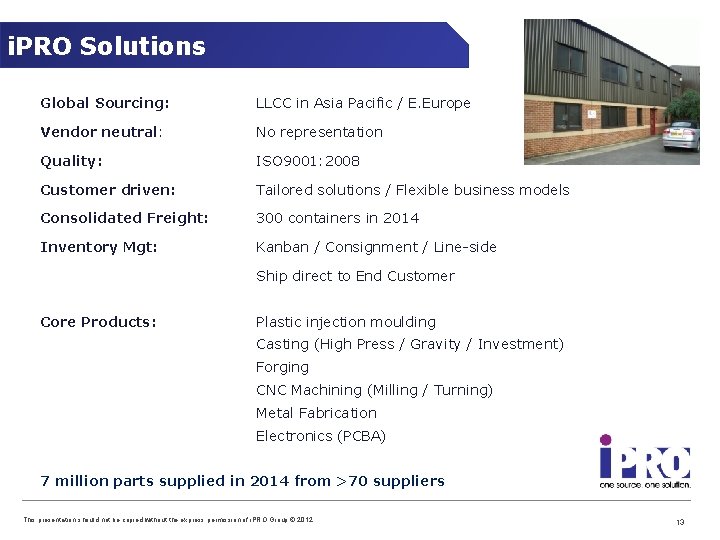 i. PRO Solutions Global Sourcing: LLCC in Asia Pacific / E. Europe Vendor neutral: