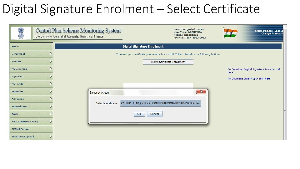 Digital Signature Enrolment – Select Certificate 