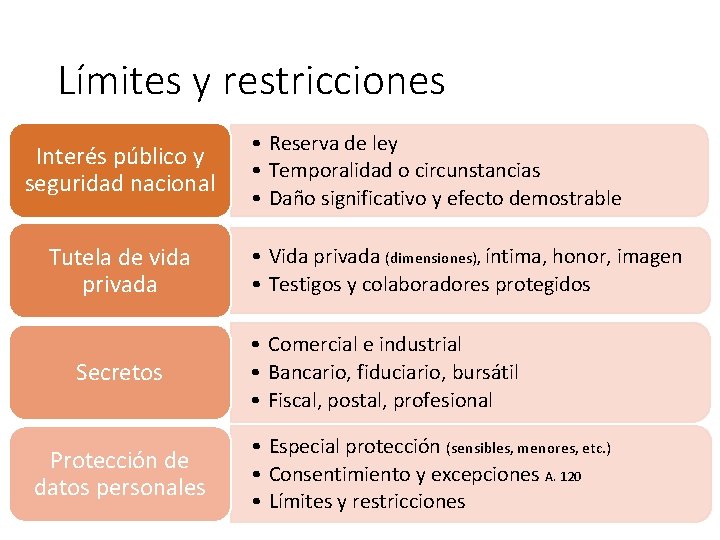 Límites y restricciones Interés público y seguridad nacional Tutela de vida privada Secretos Protección