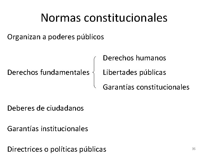 Normas constitucionales Organizan a poderes públicos Derechos humanos Derechos fundamentales Libertades públicas Garantías constitucionales