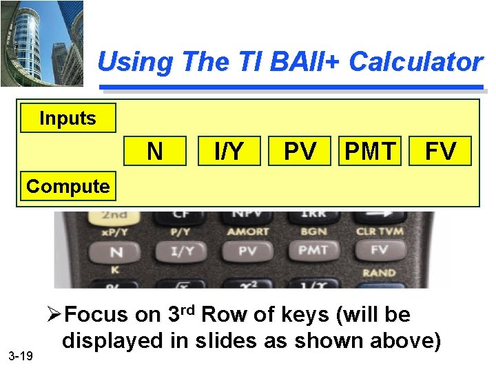 Using The TI BAII+ Calculator Inputs N I/Y PV PMT FV Compute 3 -19