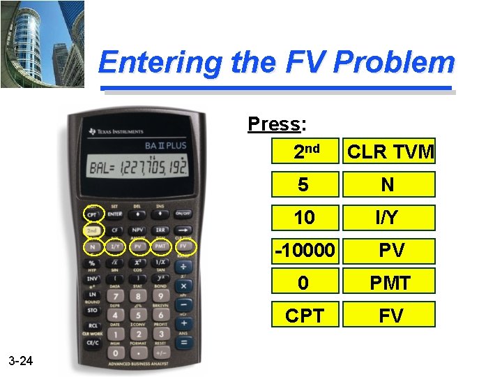 Entering the FV Problem Press: 2 nd 3 -24 CLR TVM 5 N 10