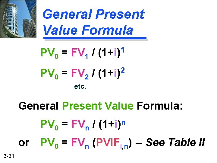 General Present Value Formula PV 0 = FV 1 / (1+i)1 PV 0 =
