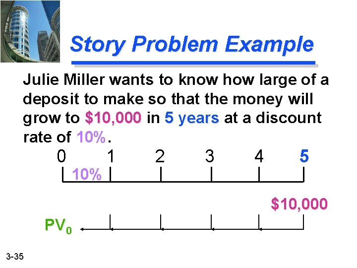 Story Problem Example Julie Miller wants to know how large of a deposit to