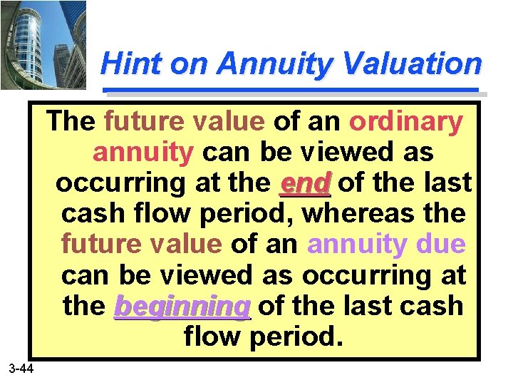 Hint on Annuity Valuation The future value of an ordinary annuity can be viewed
