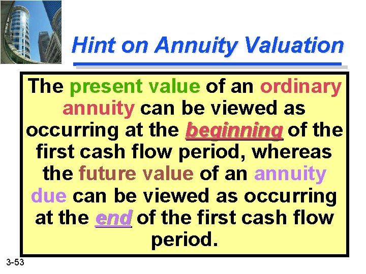 Hint on Annuity Valuation The present value of an ordinary annuity can be viewed