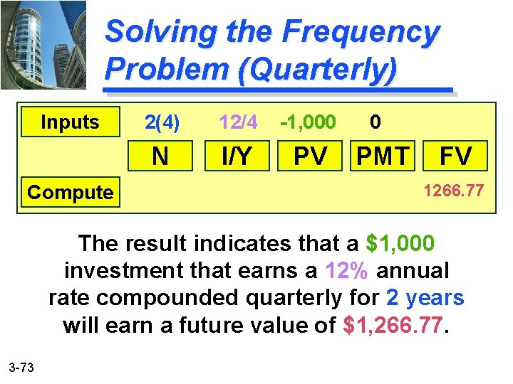 Solving the Frequency Problem (Quarterly) Inputs Compute 2(4) 12/4 -1, 000 N I/Y PV