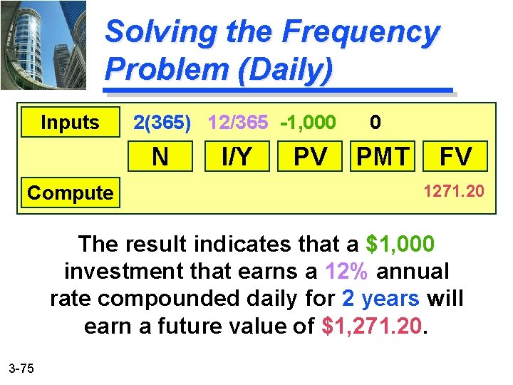 Solving the Frequency Problem (Daily) Inputs 2(365) 12/365 -1, 000 N Compute I/Y PV
