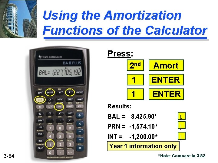 Using the Amortization Functions of the Calculator Press: 2 nd Amort 1 ENTER Results: