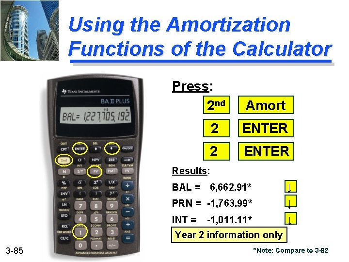 Using the Amortization Functions of the Calculator Press: 2 nd Amort 2 ENTER Results: