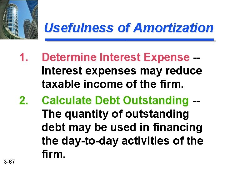 Usefulness of Amortization 1. 2. 3 -87 Determine Interest Expense -Interest expenses may reduce
