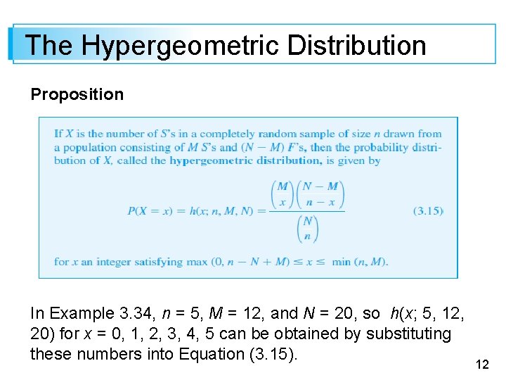 The Hypergeometric Distribution Proposition In Example 3. 34, n = 5, M = 12,