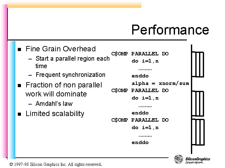 Performance n Fine Grain Overhead C$OMP PARALLEL DO – Start a parallel region each